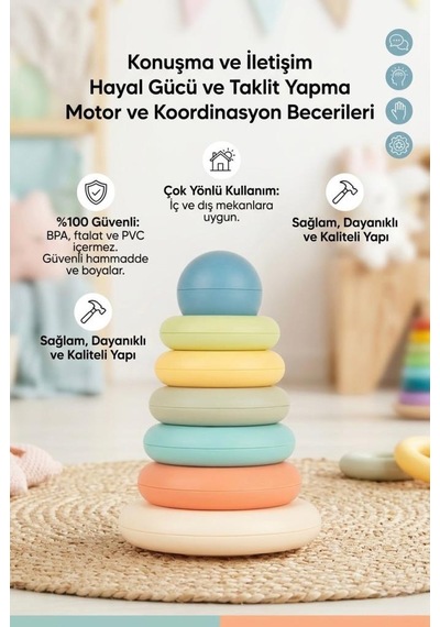 Eğitici Renkli Halka Dizme 7 Parça El-göz Koordinasyonu Destekleyici Zeka Geliştirici Oyuncak -20 Cm