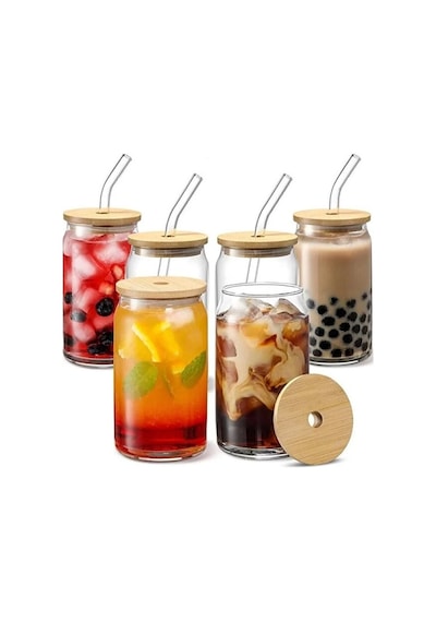 Bambu Kapaklı 2 Li Cam Bardak Seti - 300ml Isıya Dayanıklı Cam Pipetli Ve Fırçalı Şeffaf