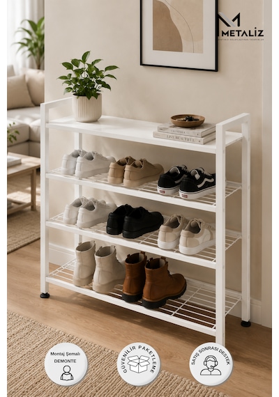 Loft 4 Katlı Siyah Metal Ayakkabılık, Ahşap Mdf Tablalı, Çok Amaçlı Ayakkabı Düzenleyici, 77x30x70 Cm Beyaz Loft 4 Katlı Siyah Metal Ayakkabılık, Ahşap Mdf Tablalı, Çok Amaçlı Ayakkabı Düzenleyici, 77x30x70 Cm Beyaz