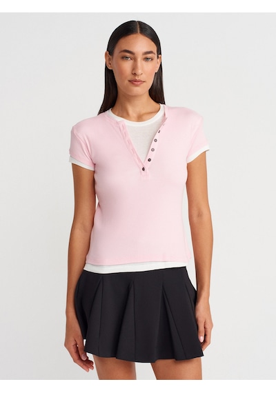 Dilvin 31783 Çift Katlı Düğmeli T-shirt-toz Pembe Toz Pembe