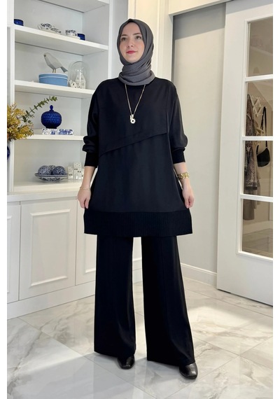 Rabia Şamlı Miray Triko-modal Pantolonlu Takım Siyah Normal