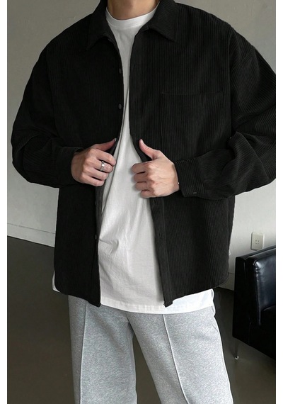 Genius Store Erkek Gömlek Fitilli Kadife Oversize Gömlek Yaka Cepli Uzun Kollu Ceket Gömlek Siyah