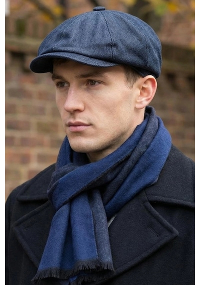 Bay Şapkacı Erkek Peaky Blinders İngiliz Driver Kasket Çizgili Lacivert Ve Kaşkol 7404 Lacivert
