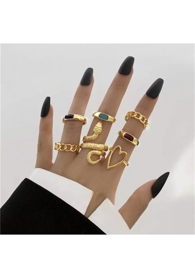 Girift Vintage Tint Gold Kalp Ve Yılan Figürlü Yüzük Seti Altın