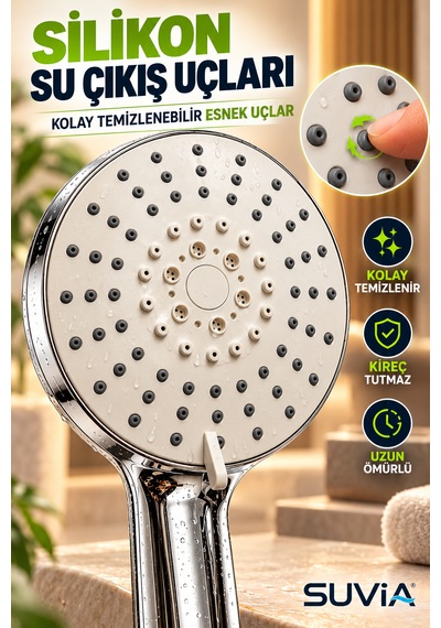 Duş Başlığı Duş Sistemi Xxl 5 Fonksiyonlu Yüksek Basınçlı Su Tasarruflu 150 Cm Hortumlu Krom Duş Seti Beyaz