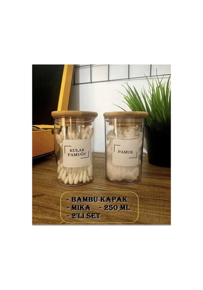 2 Li Bambu Kapaklı 250 Ml Cam Kulak Pamuğu&pamuk Banyo Seti Şeffaf Şeffaf