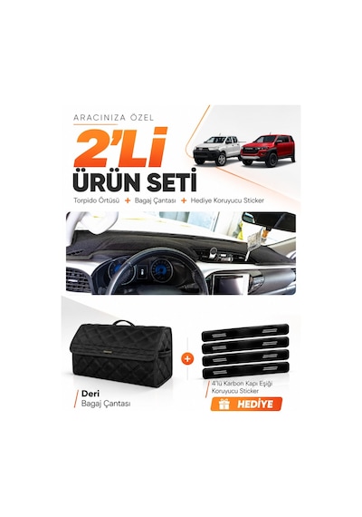 Toyota Hilux 2016-2025 Uyumlu Torpido Örtüsü + Deri Bagaj Çantası + Sticker Seti - Siyah