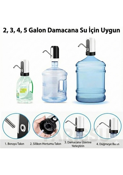 Alaska Şarjlı Otomatik Damacana Su Pompası Usb Kablolu, Dokunmatik, Pratik Su Sebili Siyah Beyaz