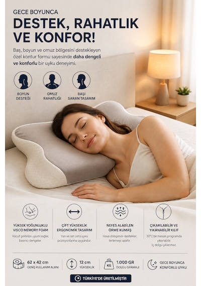 Ergonomik Visco Memory Foam Boyun Destek Yastığı 62x42 Cm Çift Yükseklikli Premium Uyku Yastığı Açık Gri