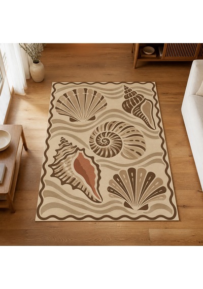 Kartela Halı Deniz Kabuğu Desenli Halı Bej Kaymaz Taban Makinede Yıkanabilir Salon Halısı 200x300 Cm