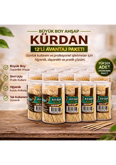 Kürdan Büyük Boy Ahşap Kürdan Hijyenik Paket Tek Kullanımlık Dayanıklı Kürdan Seti 12 Adet