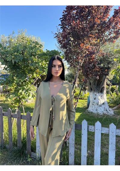 WeShaya Haki Kruvaze Saten Bağlamalı Takım Haki