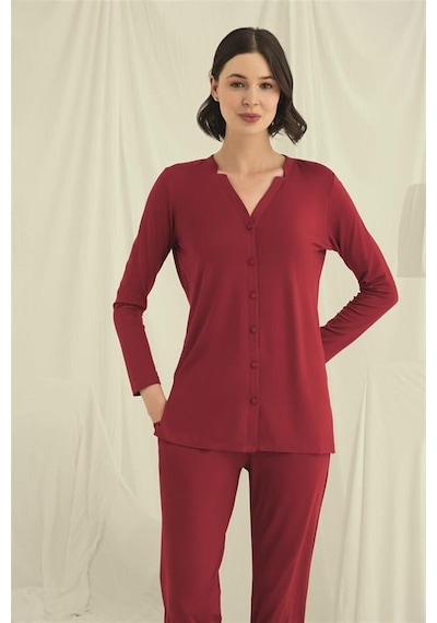 Red Womans Uzun Kollu Boydan Düğmeli V Yaka Pijama Takımı Kırmızı