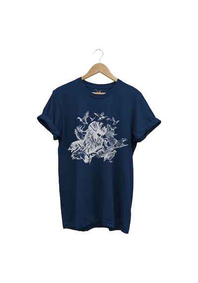 Avcılık Hunter Drahthaar Av Köpeği Ve Keklik Ördek Çulluk Baskılı Regular Fit %100 Pamuk T-shirt Lacivert