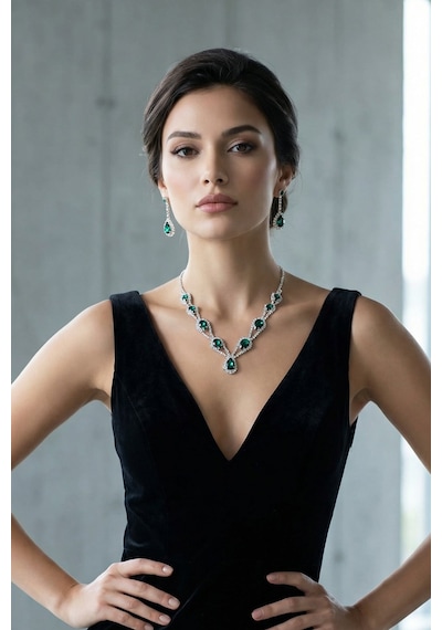 Accessories Hürrem Model Yeşil Taşlı Kolye Küpe Takı Seti Gerdanlık - Gelin Düğün Nişan Abiye Set Gümüş - Yeşil