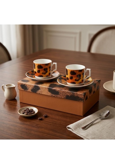 Tr 2'li Porselen Kahve Fincanı Takımı - 100 Cc Leopar Desenli Altın Yaldızlı Premium Türk Kahvesi Ve Espresso Fin Diğer