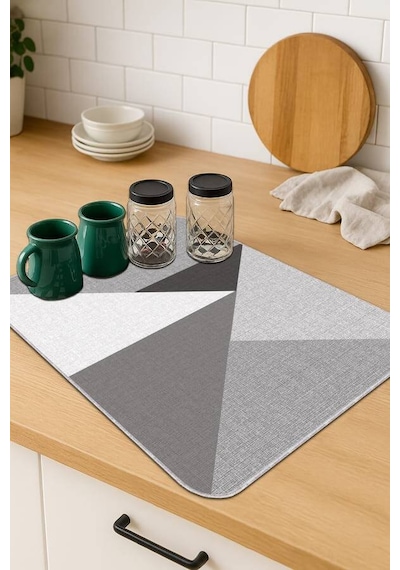 Gri Geometrik Microfiber Bulaşık Kurutma Kurulama Matı Mm006n11