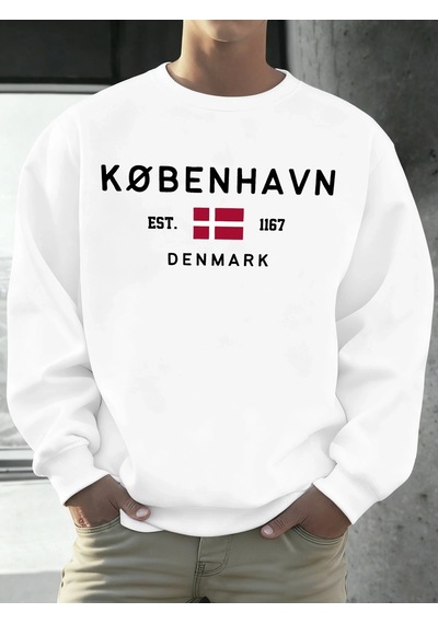 Startmore Tarzsokak Kobenhavn Danimarka Bayrağı Baskılı Kazak Erkekler Polar Moda Kazak Yaratıcı Sonbahar Spor Gi Beyaz