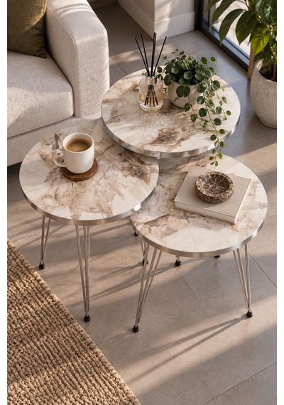 Sulorahome Beyaz Gümüş Tel Ayaklı 3'lü Zigon Sehpa Takımı