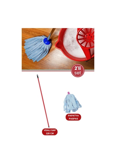 Standart Mop Temizlik Kovalarıyla Uyumlu Sap Ve Paspas Seti, 120cm Vidalı Metal Sap + Papatya Paspas