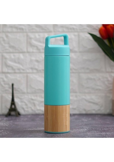 600 Ml Bambu Tabanlı Kulplu Çelik Termos Mug - 5 Renk Seçenekli Sıcak/soğuk Tutucu Seyahat Bardağı Turkuaz Açık Beyaz