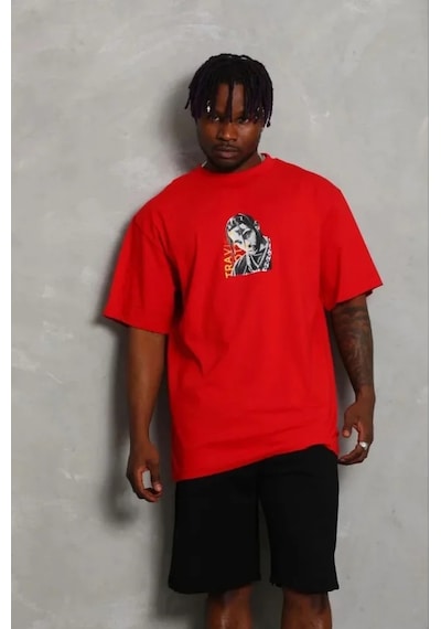 Modi Erkek Baskılı T-shirt Kısa Kol Bisiklet Yaka Regular Fit Rahat Kalıp Günlük Tişört - Kırmızı - Mymg185492
