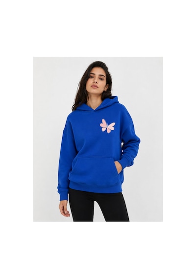 Herkesemoda Kelebek Baskılı Kapüşonlu 2 İplik Şardonlu Sweatshirt Mavi