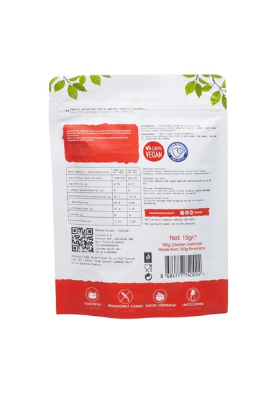 Fruvivo Dondurularak Kurutulmuş Çilek Freeze Dry Çilek Cipsi Şeker İlavesiz %100 Doğal Vegan Atıştırmalık 15 G
