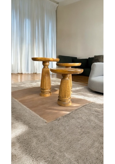 Wood Ahşap 3 Lü Set Mantar Yan Sehpa Model / Meşe Renk