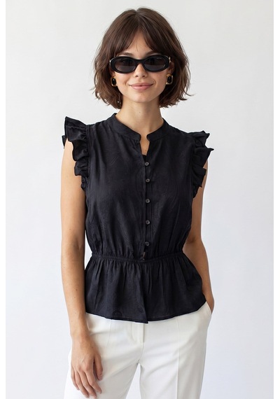 Mixray 4921 Kadın Volanlı Hakim Yaka Jakarlı Peplum Bluz Siyah
