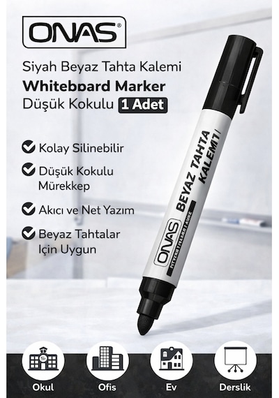 Onas Siyah Beyaz Tahta Kalemi Whiteboard Marker Düşük Kokulu 1 Adet Çok Renkli