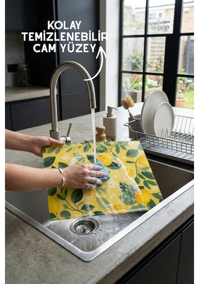 Limon Desenli Cam Kesim Tahtası - 25x35cm -dayanıklı Ve Pratik Kesim Matı Sarı