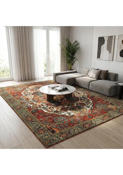Kırmızı Yeşil Salon Halısı Klasik Medallion Dijital Baskılı Kaymaz Tabanlı Halı Dijital Baskı Halı 7