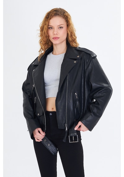 M M Marki Marki Kadın Hakiki Jumbo Deri Ceket Biker Tarz, Kemerli, Oversize, Apoletli, 65 Cm, Siyah - 507322