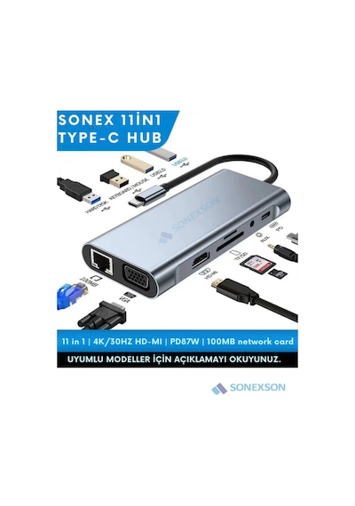 11 In 1 Type-c To Usb Hub Port Uyumlu Adaptör Hdmı 4x Usb Lan Vga Sd Card Çevirici Çoklayıcı