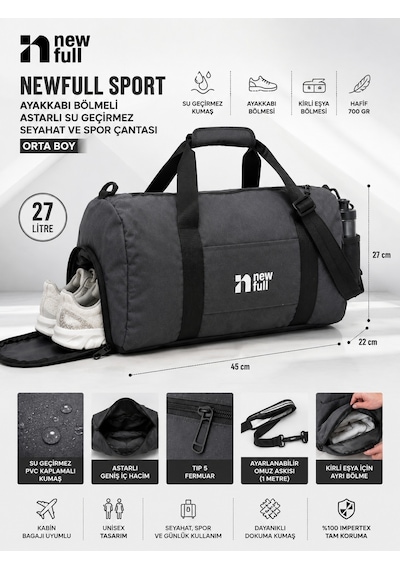 Newfull Sport Ayakkabı Bölmeli Astarlı Su Geçirmez Seyahat Ve Spor Çantası-orta Boy Gri