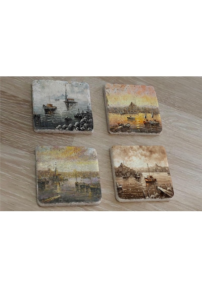İstanbul Manzaraları Doğal Taş Bardak Altlığı 4'lü Set - Natural Stone Coasters-174275 Çok Renkli