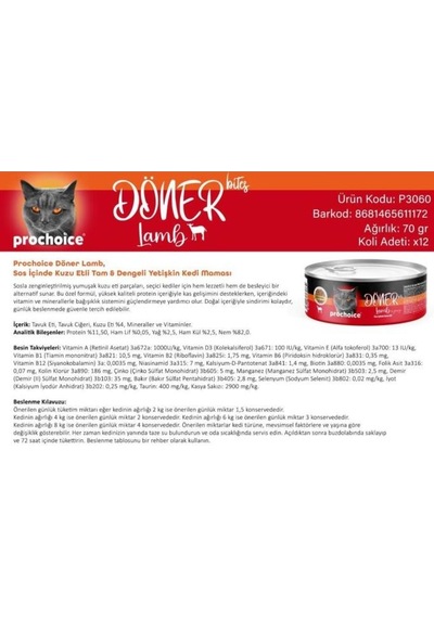 Prochoice Döner Bites Sos İçinde Kuzu Etli Yetişkin Kedi Konservesi 70 Gr