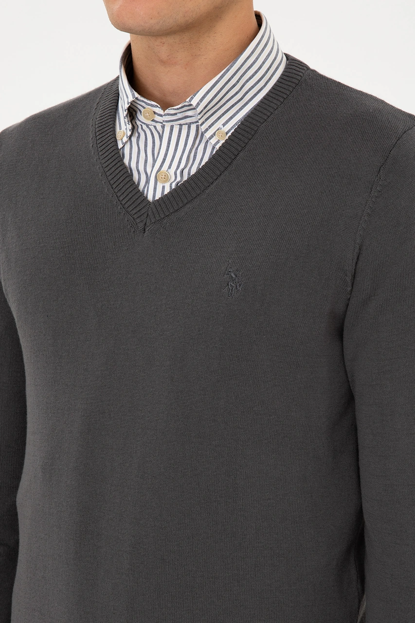 U.S. Polo Assn. Erkek Slim Fit V Yaka Gri Basic Triko Kazak 50313662-VR024