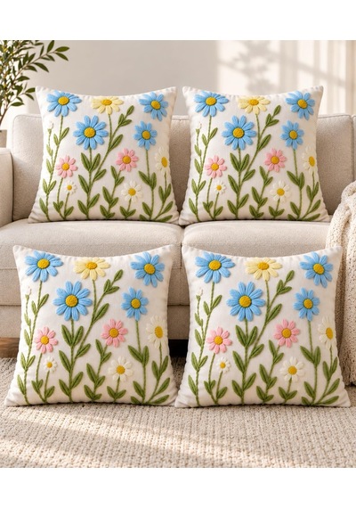 4'lü Set Çiçekli Dekoratif Kırlent Kılıfı 43x43 Cm, 3d Efektli Dijital Baskılı - Papatya Esintisi Çok Renkli