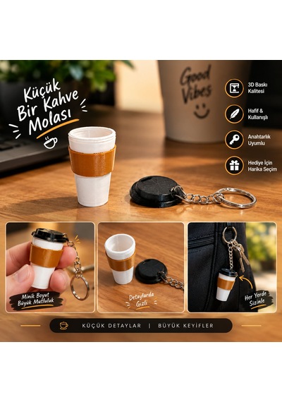 Küçük Bir Kahve Molası Anahtarlık Beyaz - Bej