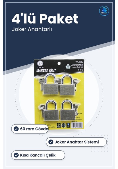 Asma Kilit 60 Mm Kısa Kancalı Çelik Joker Anahtarlı 4'lü Paket De