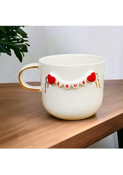 24 Ayar Altın Detaylı, Kalp Kabartmalı, El Yapımı, Kalpli Mug, 300 Ml, Heart Mug, Love Mug Beyaz - Çok Renkli