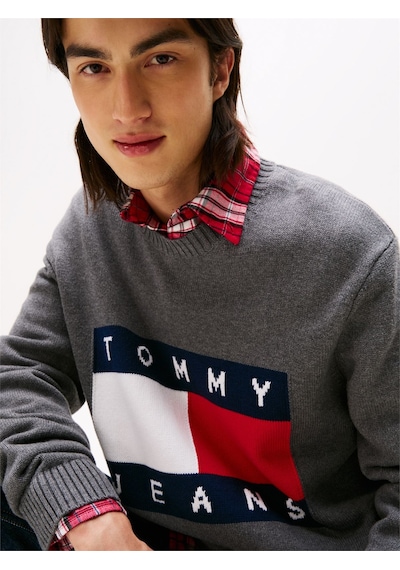 Tommy Hilfiger Tjm Reg Melange Flag Sweater Erkek Gri Kazak - Dm0dm22105 Gri