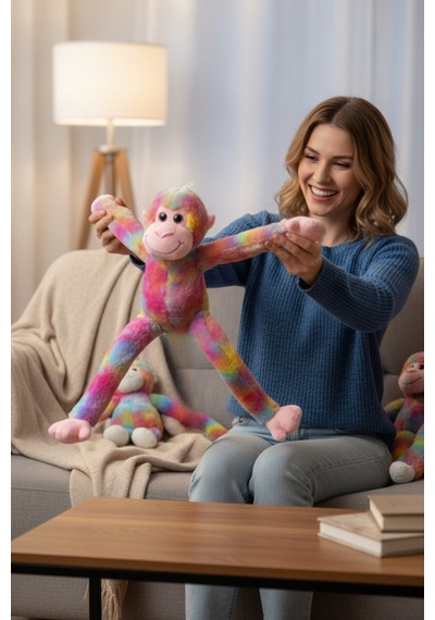 Sevimli Rengarenk Sesli Peluş Maymun Cırtlı Asılabilen Dev Boy Maymun Peluş 90 Cm Çok Renkli