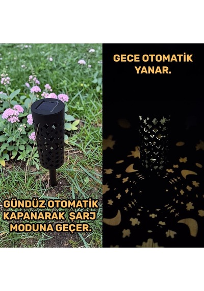 Upway Güneş Enerjili Karanlık Sensörlü Yıldız Hilal Desenli Dekoratif Bahçe Ağaç Çim Lambası Siyah