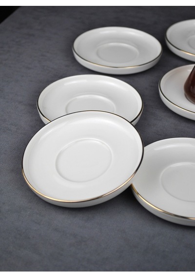 6 Kişilik Porselen Çay Tabağı Gold Yaldızlı 6 Adet Sade Modern Çay Tabak -çizgili
