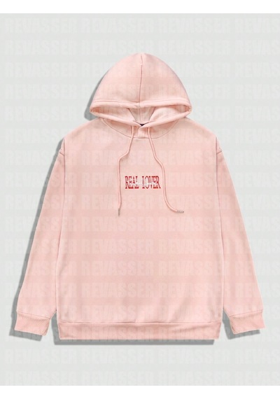 Startmore Pembe Unisex Oversize Real Lover Baskılı Bol Kesim Kapşonlu Şardonlu