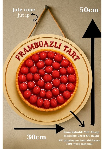 Frambuazlı Tart Temalı İpli Ahşap Kapı Duvar Süsü, Pastane, Tatlı Dükkanı, Cafe Tablo Dekoru