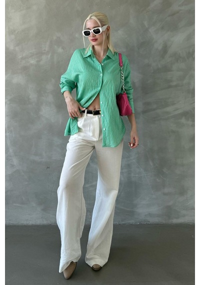 Madmext Yeşil Çizgili Oversize Kadın Gömlek Mg2327 Yeşil